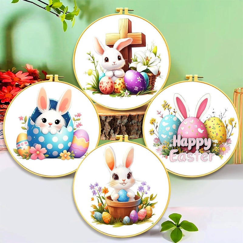 Zhenqing Zhenging Easter Cross Stitch Kit with 4 Bunny & EggPatterns -9.45x9.45 Inch Hoop, Pre-Printed Fabric,Threads, Tools -DlY Easter Craft Gift for Adults, HomeDecor - Image 1